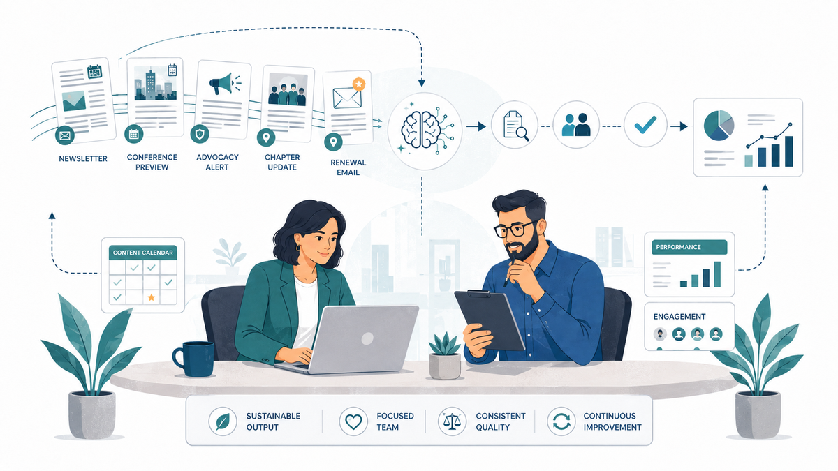 Association publishing team managing newsletter, advocacy alert, and renewal emails with AI workflow