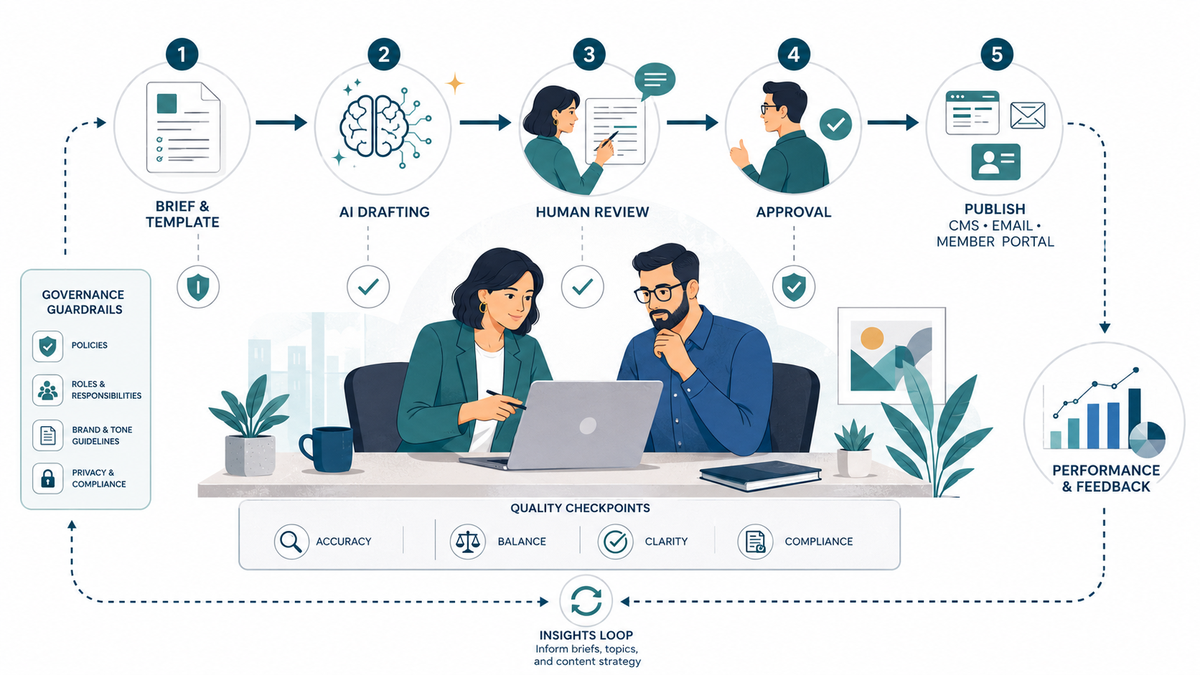 AI content operations five-step workflow: brief, AI drafting, human review, approval, and publish