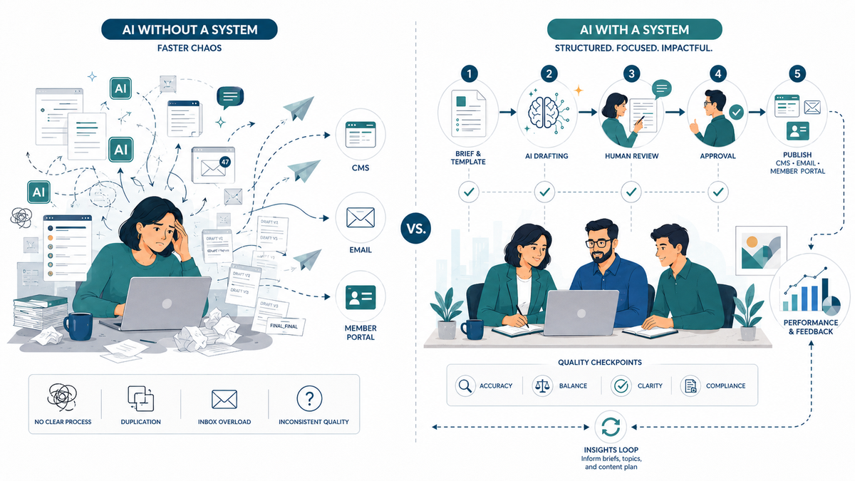 AI without a system versus AI content operations — chaos compared to structured focused workflow