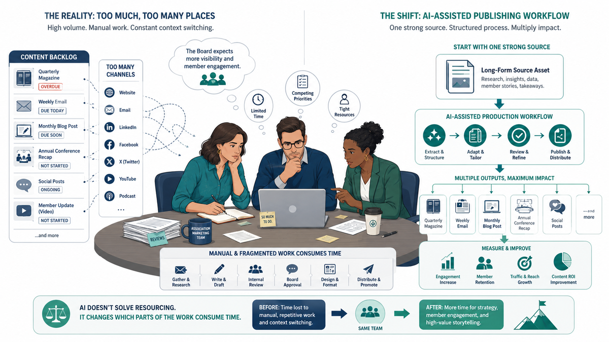 The reality of too many content channels versus a structured AI-assisted publishing workflow for associations