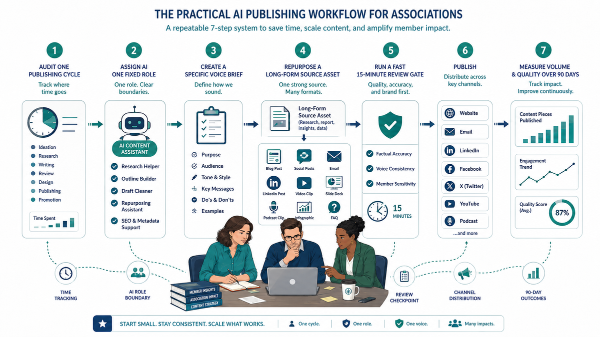 Practical AI publishing workflow for associations: seven steps from audit to measure