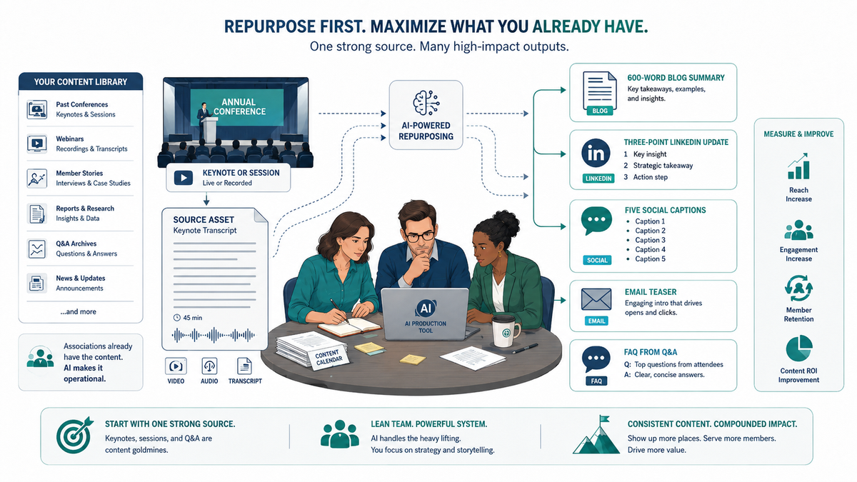 Repurpose first strategy for association AI publishing — one strong source generates multiple high-impact outputs