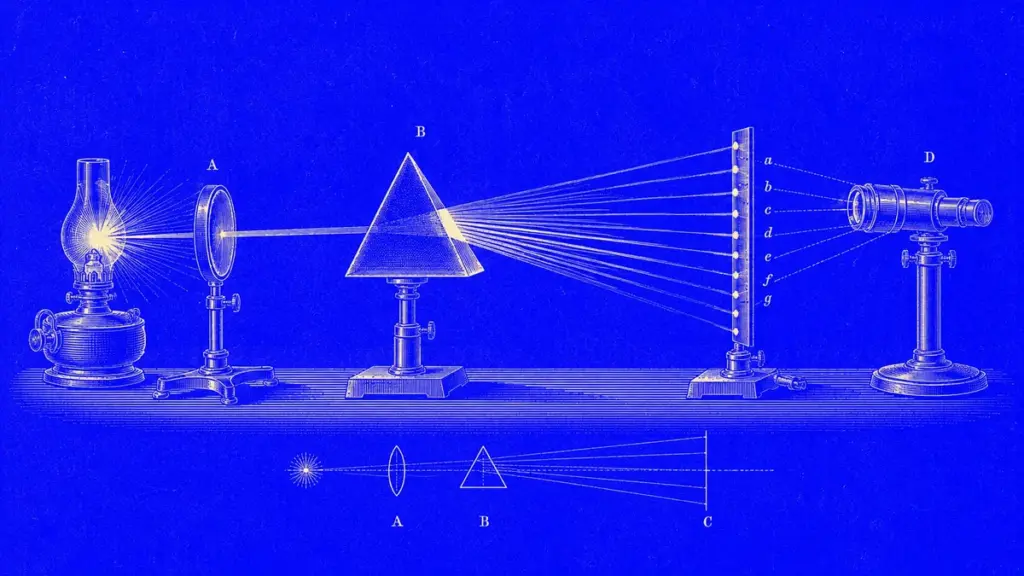 Vintage optics engraving on blue: light passing through a prism and split into its parts, the Adtelic cover for the Enterprise Buyer's Guide to AI, ML, and Data Products