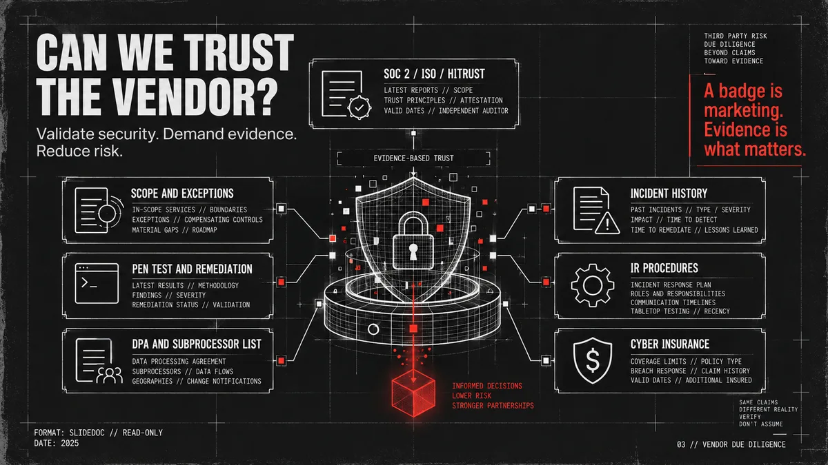 Diagram titled Can We Trust the Vendor: security evidence including SOC 2 scope and exceptions, pen test remediation, DPA and subprocessor list, incident history, and cyber insurance
