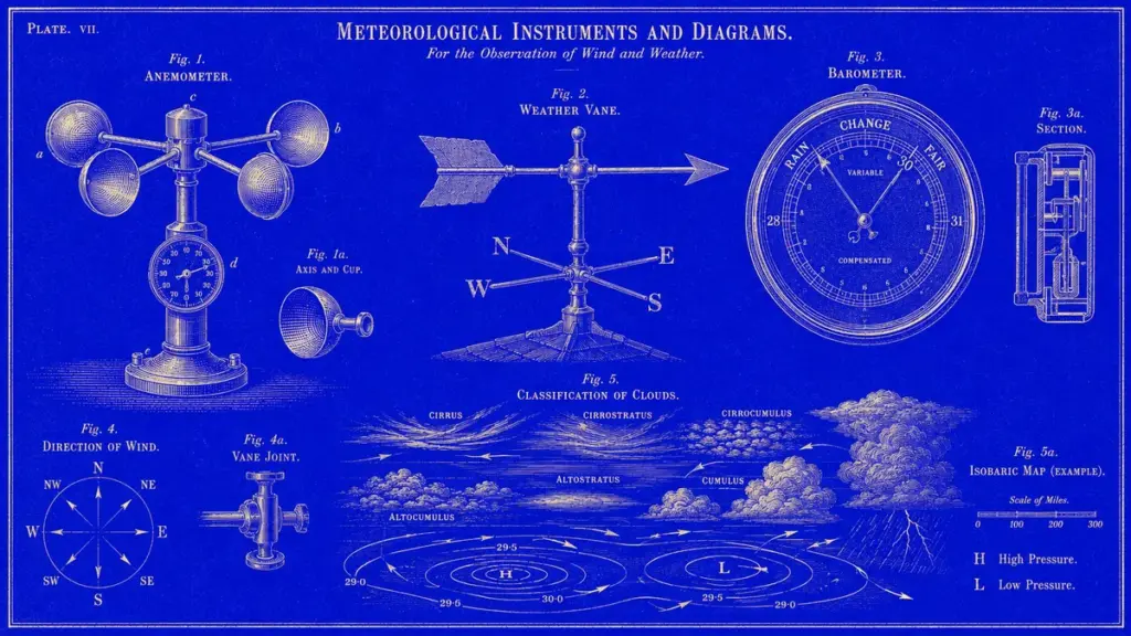 Vintage engraving of meteorological instruments on blue, the Adtelic cover for its index of Umbraco, Optimizely, and DXP articles