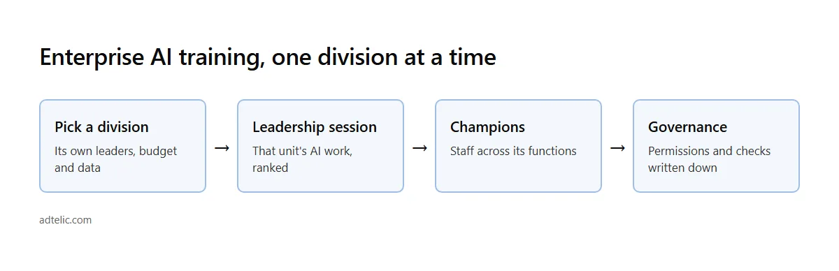 Enterprise AI training one division at a time: leadership session, champions, governance